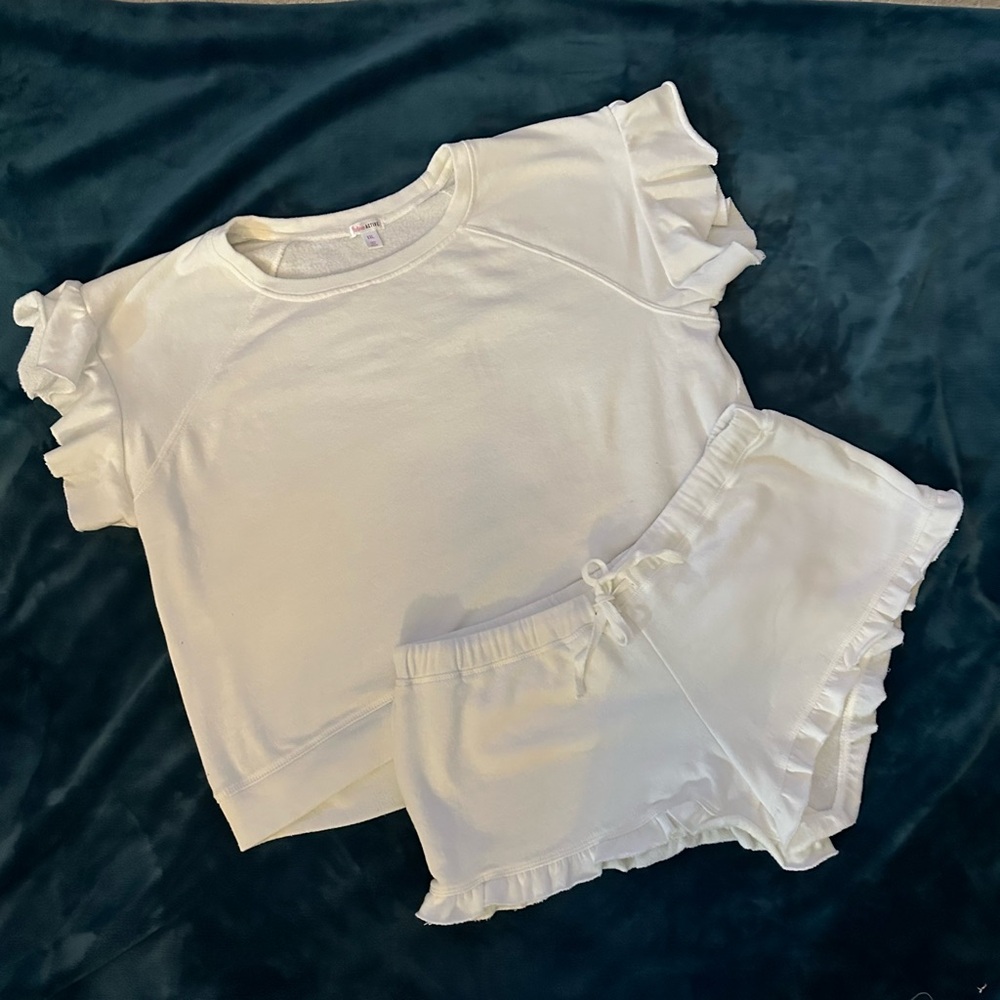 Flirtitude White Sweat Shorts Set with Ruffled Trim